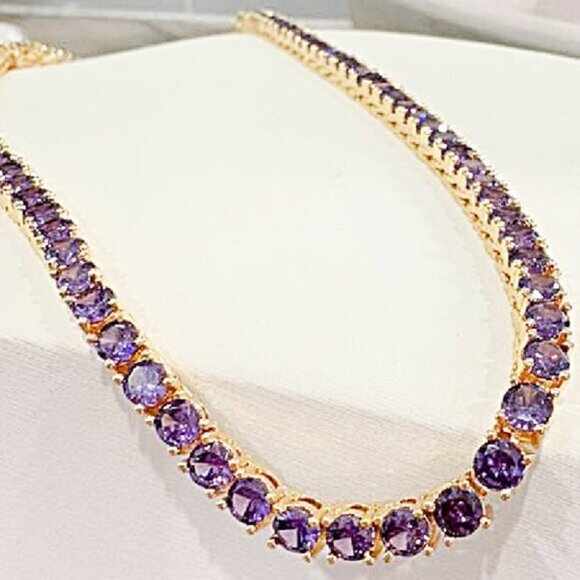 18K Gold Plated Tennis Necklace, Simulated Purple Amethyst Gemstone - Picture 1 of 5